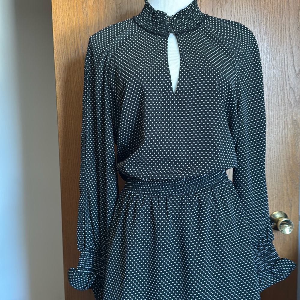 Rachel Roy Lucky black and white dot dress Size XL high button neck with cutout